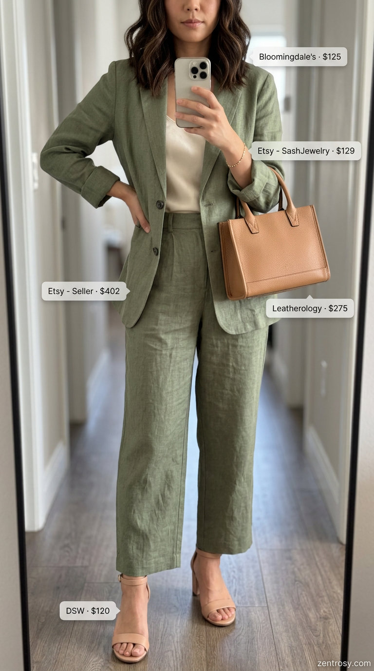 Summer Stripe Outfits for Women 2026: Olive green linen pantsuit with cream camisole for elevated style.