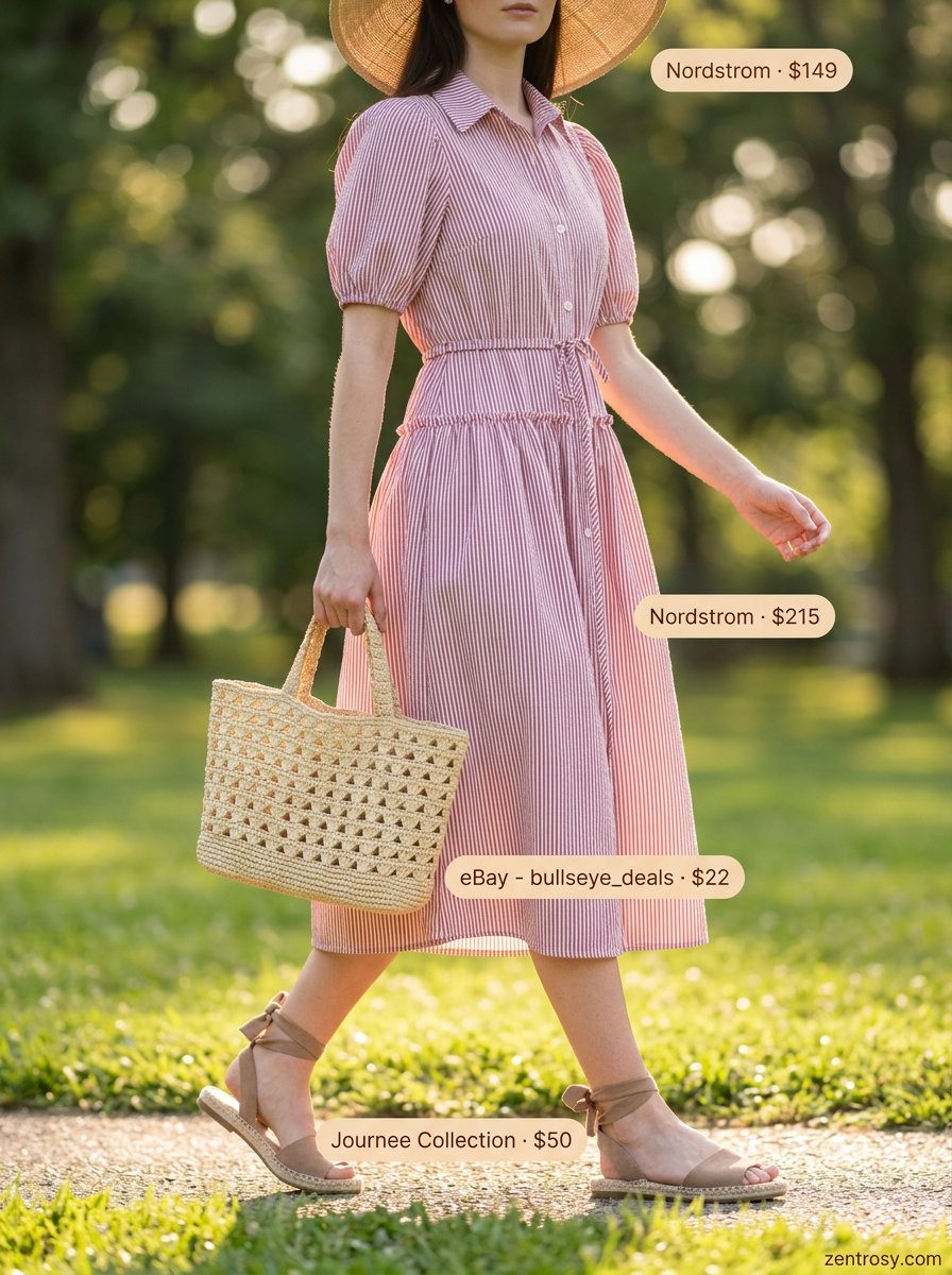 Picnic perfect stripe dress outfit for women with red and white midi dress, espadrilles, and straw hat. Summer Stripe Outfits for Women 2026.