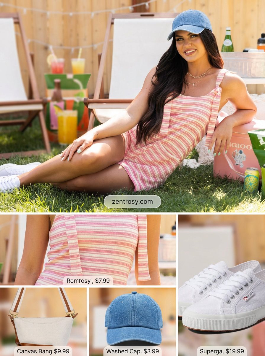 Playful pink and white striped romper with denim cap and crossbody bag for summer outfits women 2026.