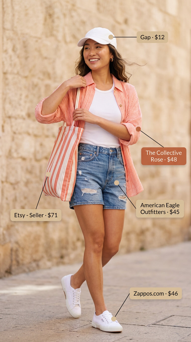 Playful summer day outfit for women with coral and white striped shirt, denim shorts, and white sneakers. Summer Stripe Outfits for Women 2026.