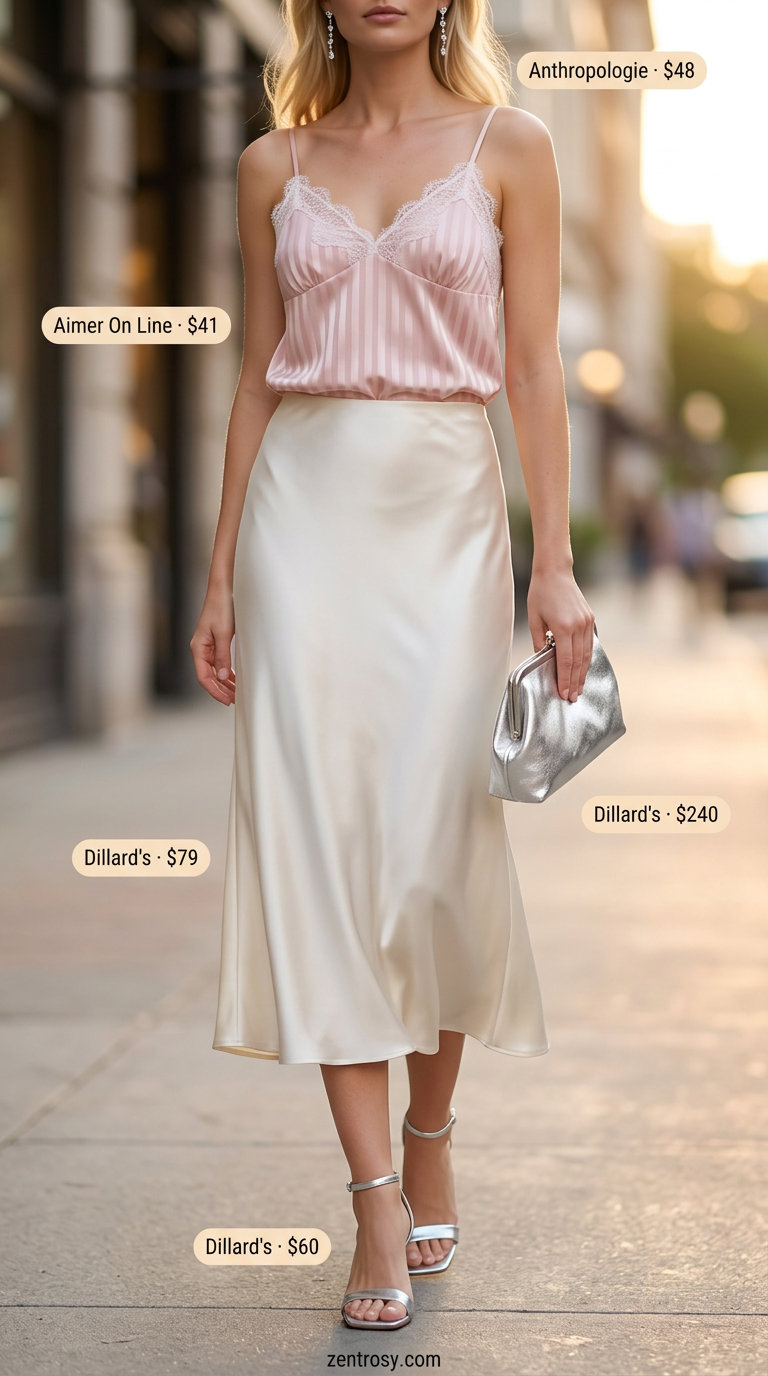 Soft summer romance outfit for women with blush pink striped cami, ivory midi skirt, and silver sandals. Summer Stripe Outfits for Women 2026.