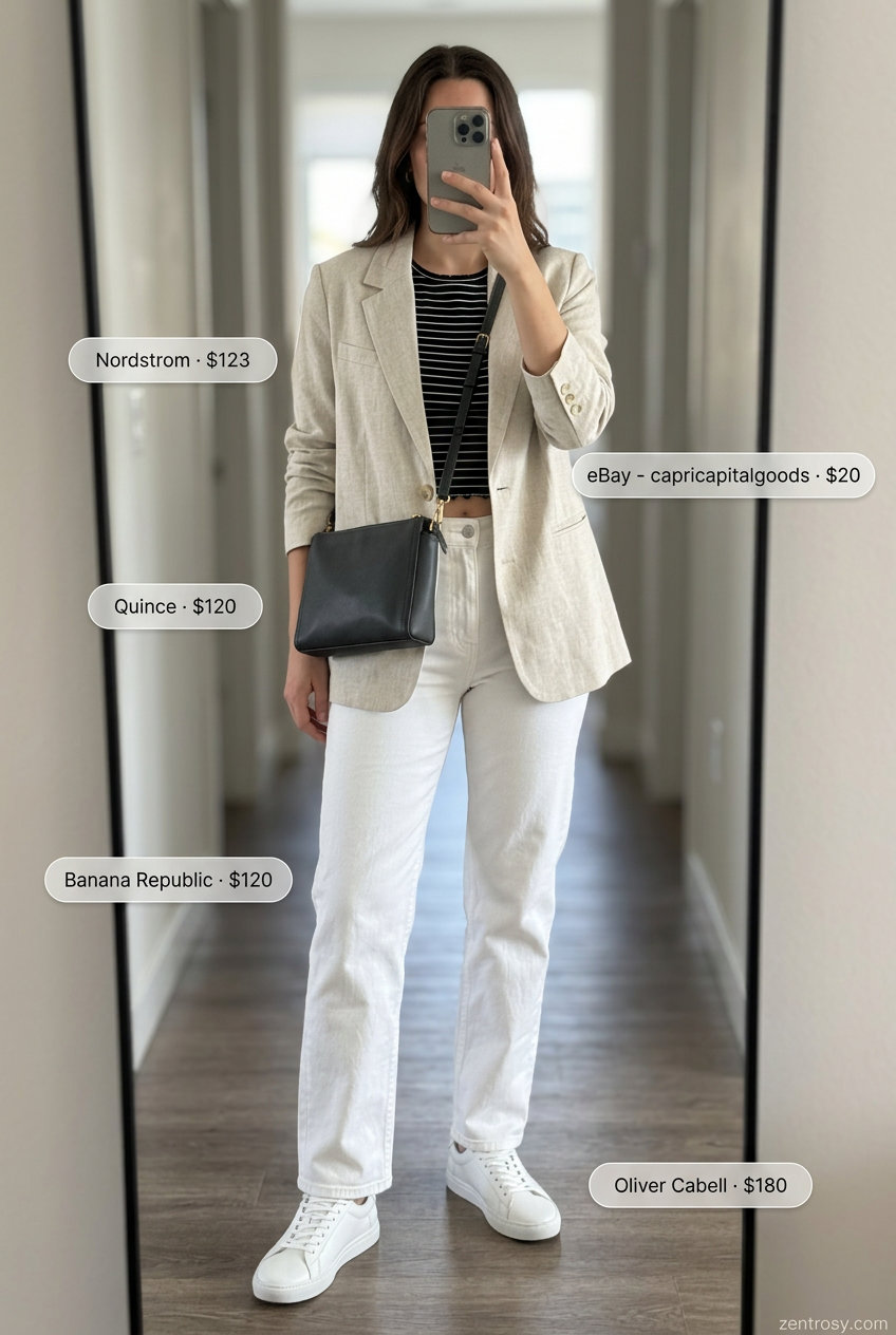 City chic black and white striped crop top with white jeans and beige blazer for summer outfits women 2026.
