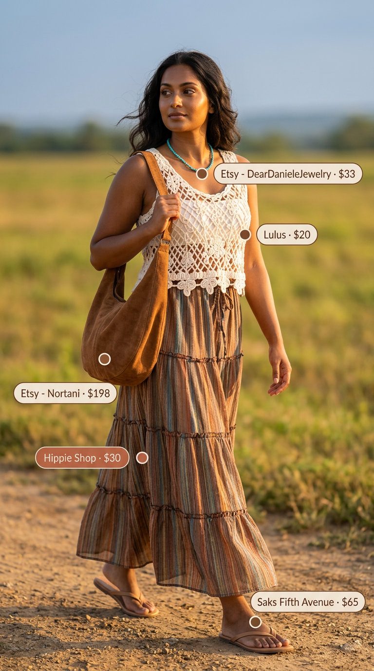 Bohemian cream maxi skirt with abstract stripes for summer outfits women 2026 festivals.