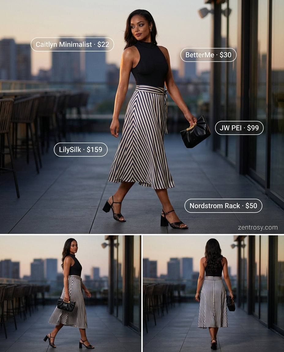 Elegant navy and cream striped midi skirt with black bodysuit for summer outfits women 2026 date nights.