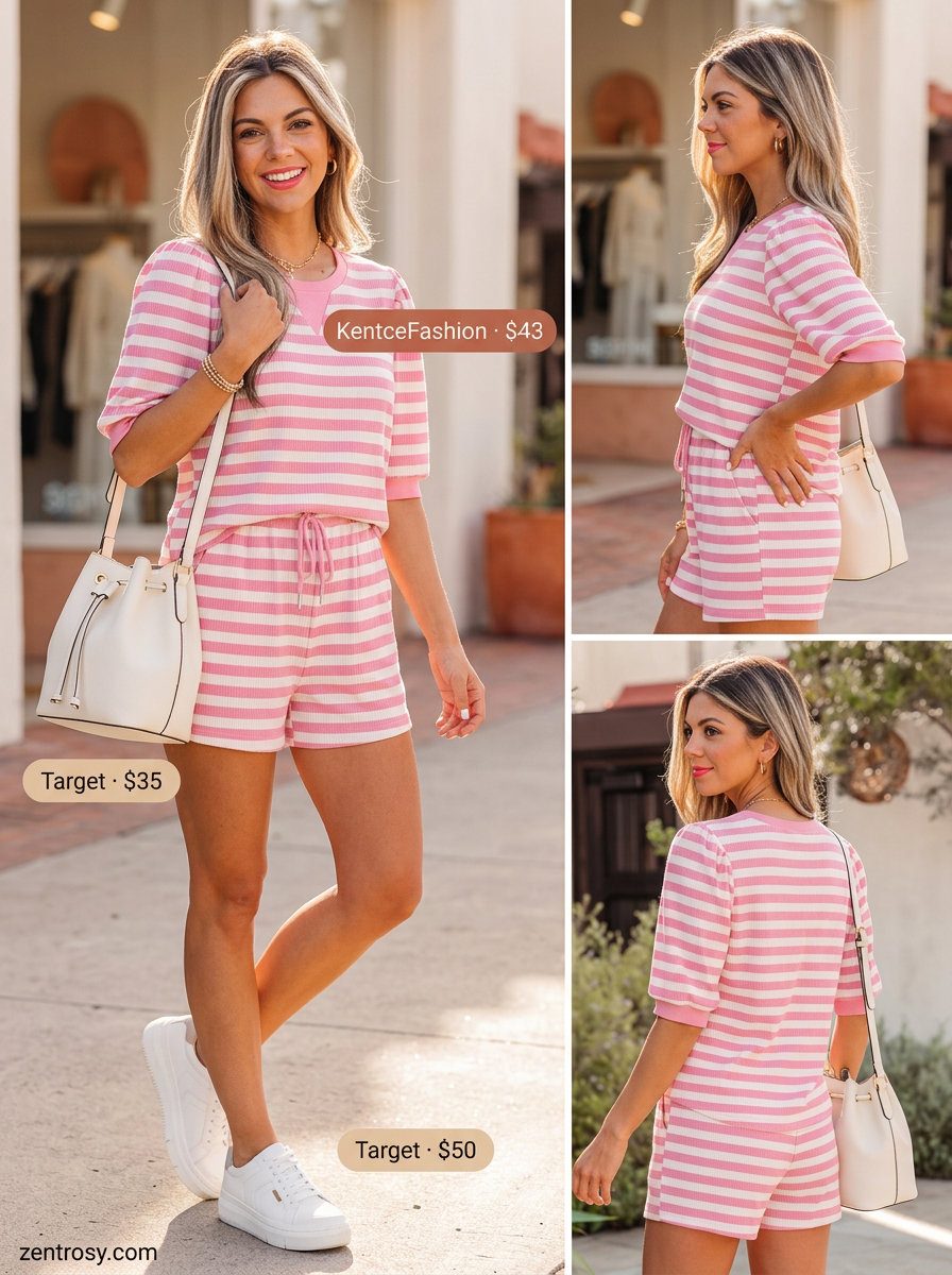 Playful pink and white striped crop top and shorts set for summer outfits women 2026 weekend brunch.