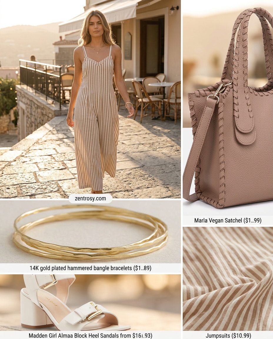 Chic taupe and cream striped jumpsuit with gold bangles for summer outfits women 2026 evening events.
