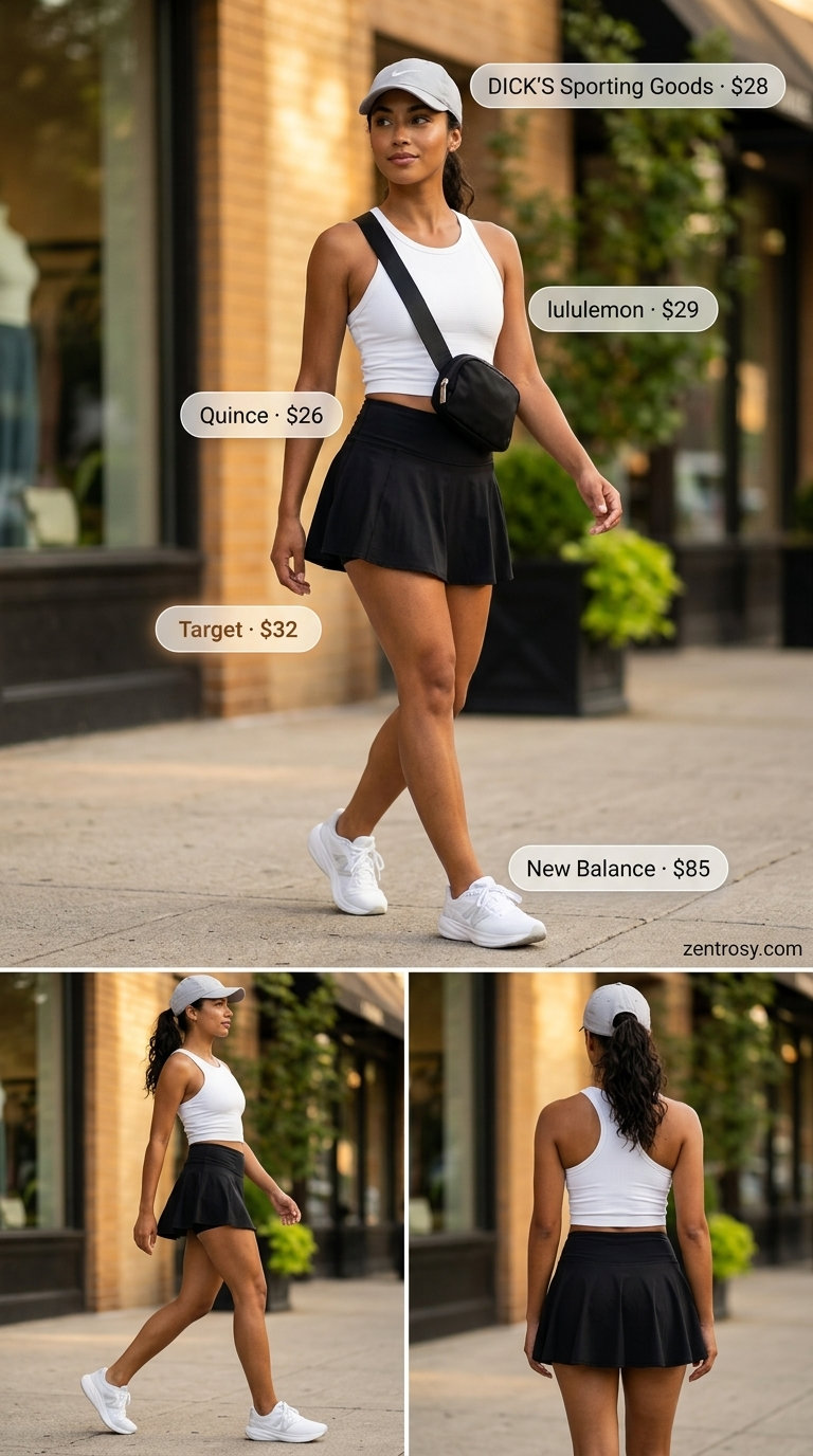 Sporty black athletic ultra-mini skirt outfit for women 2026, great for active days and athleisure.