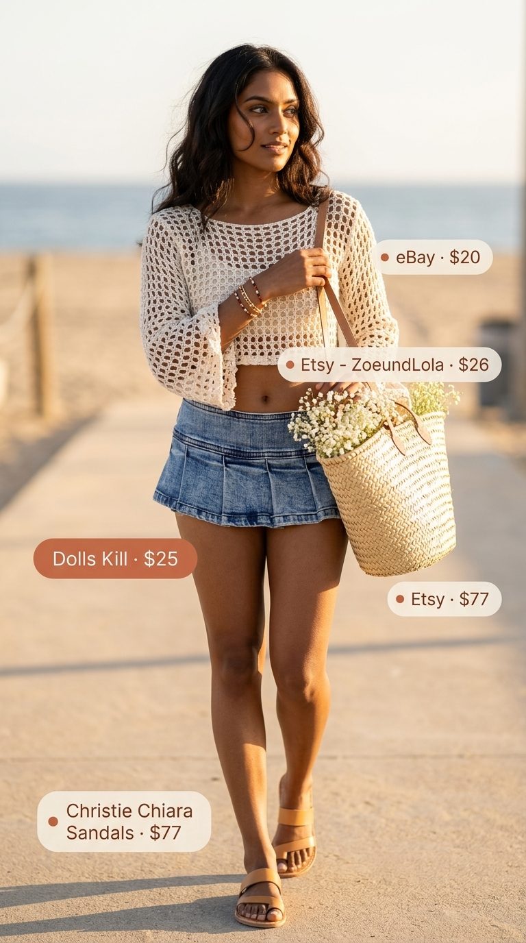 Sunset beach summer ultra-mini outfit for women 2026: Denim skirt, crochet top, leather sandals, and straw tote.