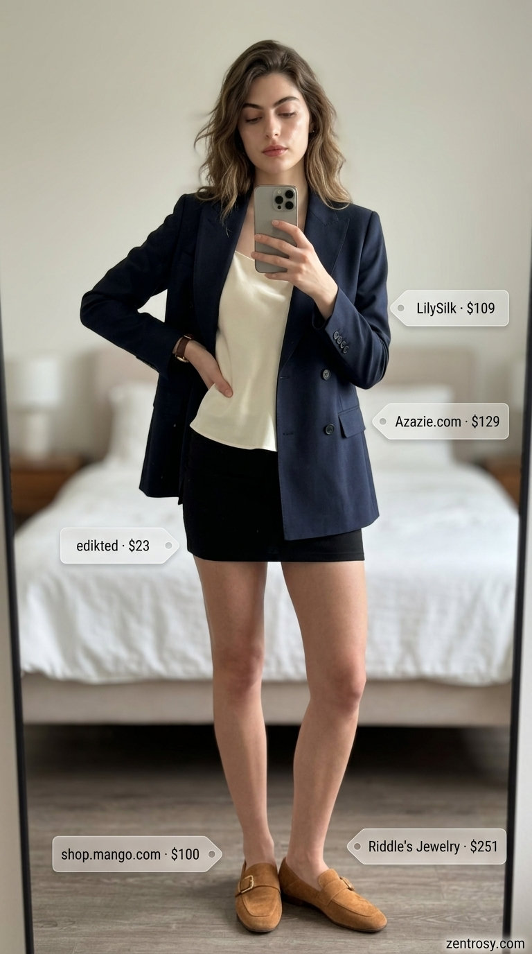 Polished beige ultra-mini skirt outfit for women 2026, perfect for smart casual events and dinners.