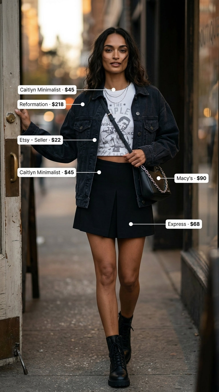 Edgy black denim ultra-mini skirt outfit for women 2026, ideal for city exploration and casual days.