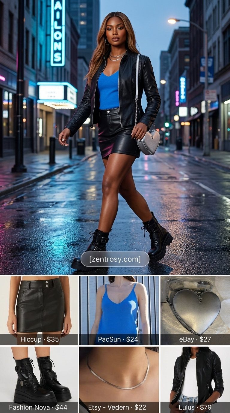 Edgy black ultra-mini skirt outfit for women 2026, perfect for nights out and concerts.