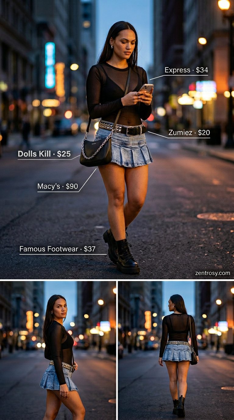 Edgy black ultra-mini skirt outfit for women 2026, perfect for night outs and concerts.