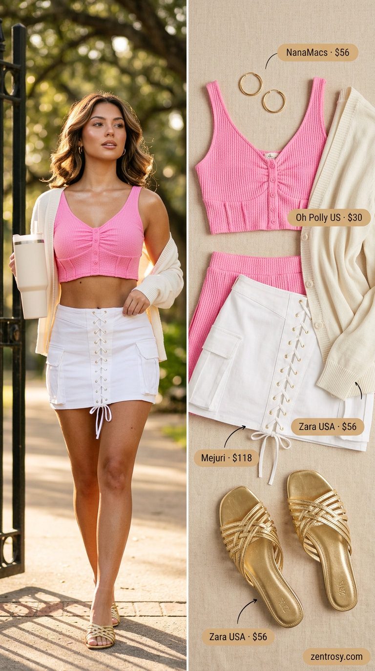Playful blush pink ultra-mini skirt set for women 2026, perfect for summer parties and date nights.