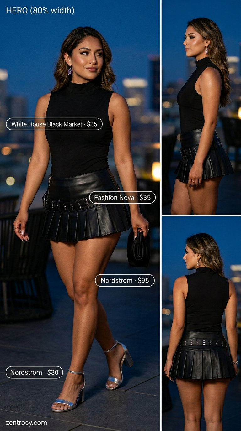 Sophisticated charcoal grey ultra-mini skirt outfit for women 2026, perfect for dinner dates and evening events.