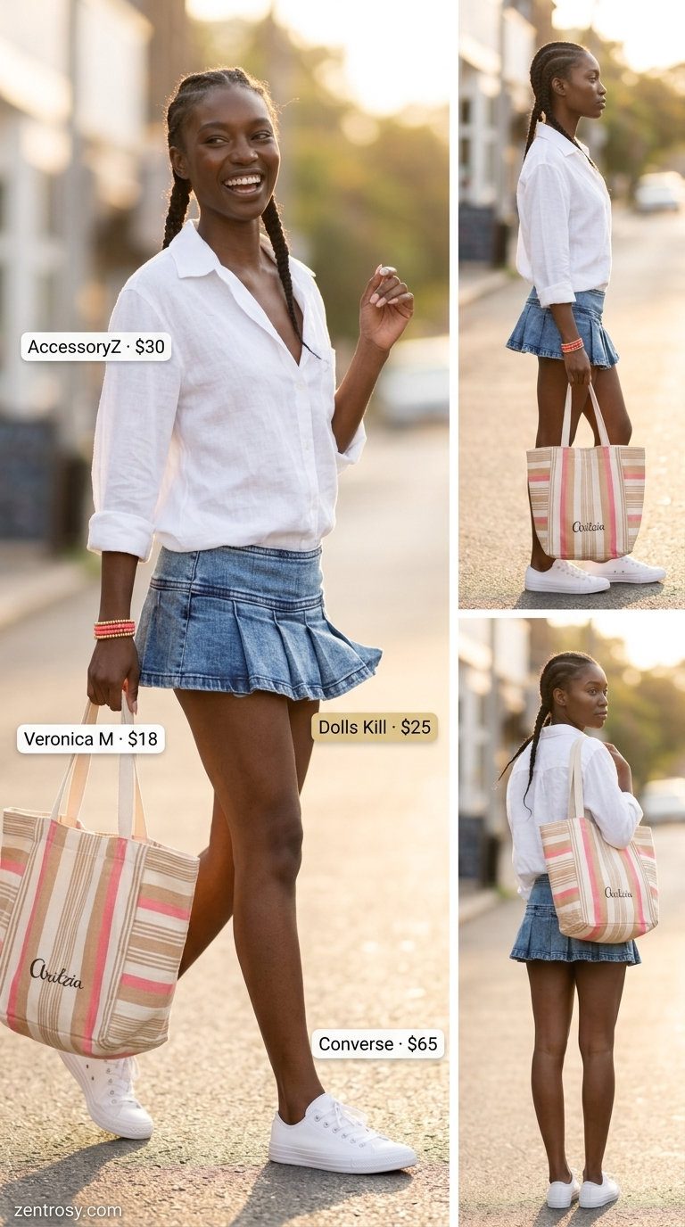 Casual denim ultra-mini skirt outfit for women 2026, perfect for picnics and summer days.