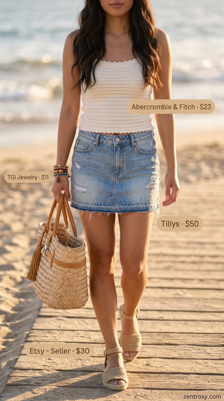 Relaxed light wash denim ultra-mini skirt outfit for women 2026, perfect for beach days and summer festivals.