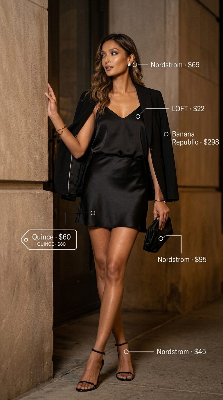 Sophisticated summer ultra-mini outfit for women 2026: Black skirt, blazer, heeled sandals, and clutch for evening events.