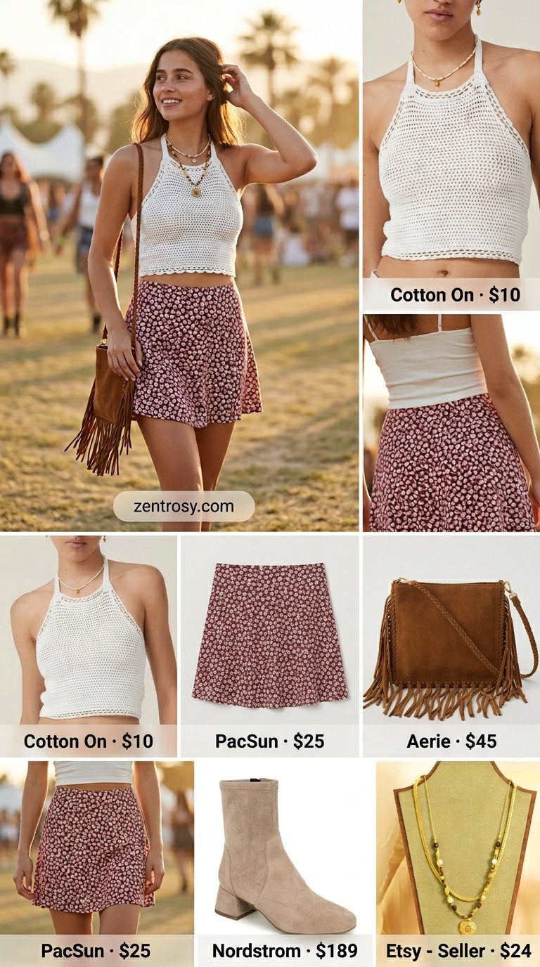 Bohemian floral print ultra-mini skirt outfit for women 2026, great for summer festivals and concerts.