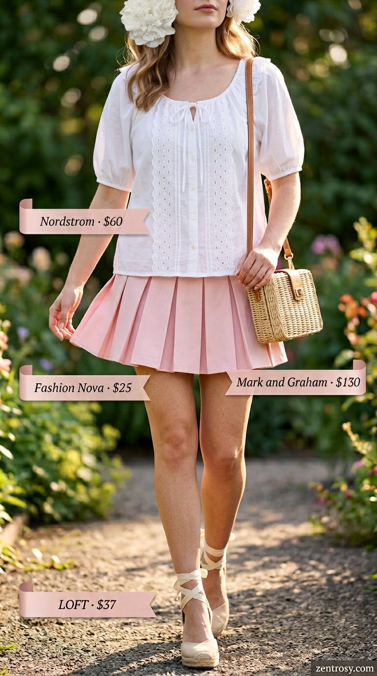Garden party summer ultra-mini outfit for women 2026: Pink skirt, puff-sleeve blouse, espadrilles, and woven bag.