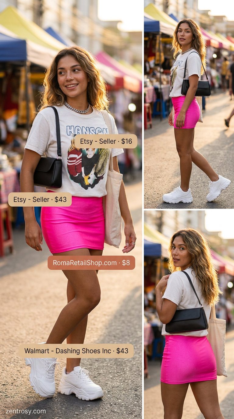 Playful hot pink ultra-mini skirt outfit for women 2026, perfect for casual days and shopping.