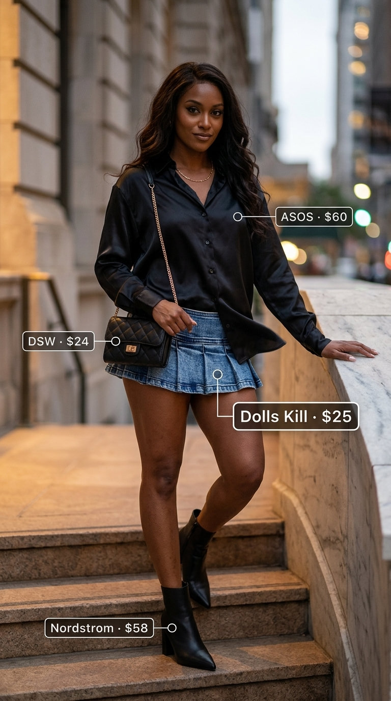 Urban night out summer ultra-mini outfit for women 2026: Black skirt, oversized shirt, ankle boots, and crossbody bag.