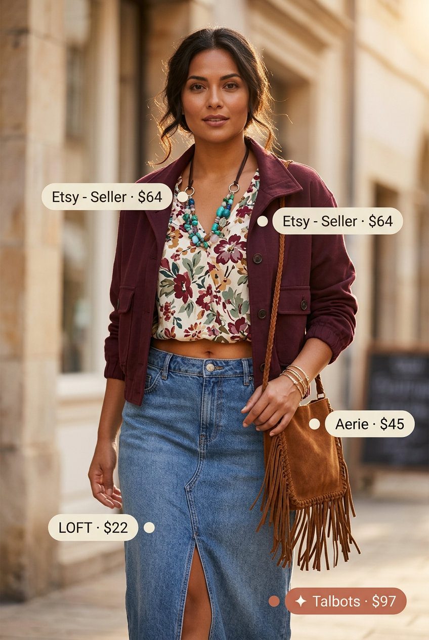 Boho V-Neck Outfits Women 2026: Festival Style Boho summer v-neck outfits women 2026: Floral peasant blouse, denim midi skirt, suede boots, fringe bag for festival.