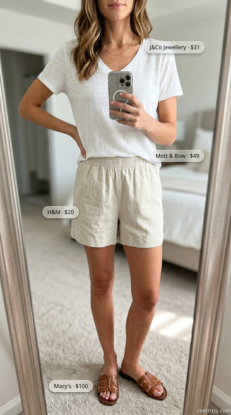 Casual V-Neck Outfits Women 2026 Effortless summer v-neck outfits women 2026: White linen tee, beige linen shorts, and straw tote.