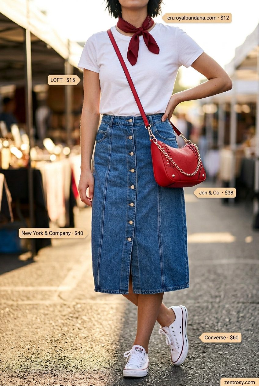 Retro V-Neck Outfits Women 2026: Denim Style Retro summer v-neck outfits women 2026: Denim skirt, white tee, bandana, sneakers for casual daytime.
