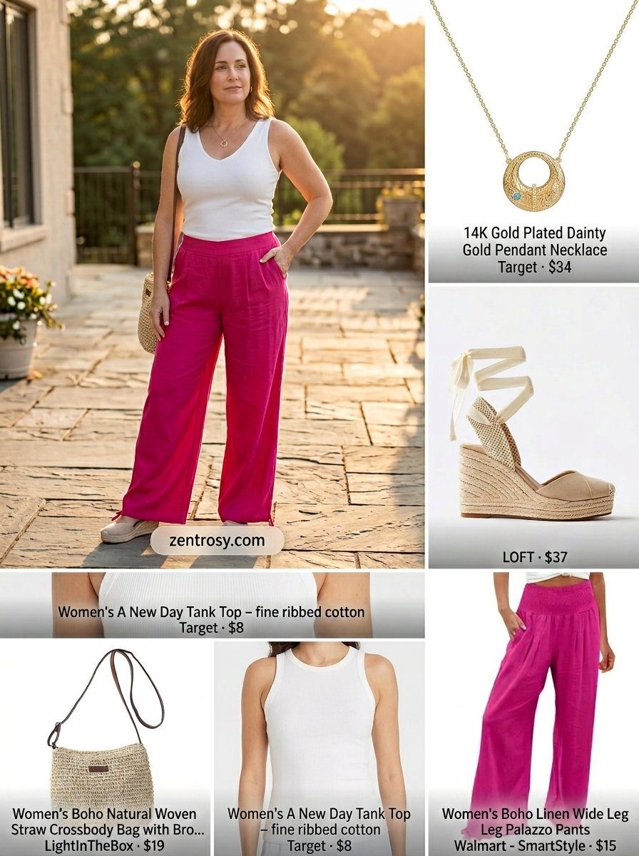 Linen V-Neck Outfits Women 2026 Comfortable summer v-neck outfits women 2026: Blush pink linen pants, white tank, and espadrilles.
