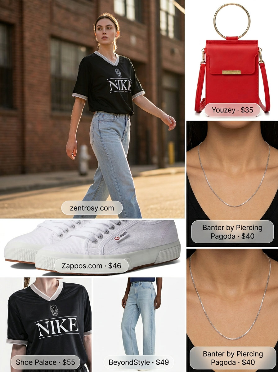 Cool V-Neck Outfits Women 2026: Casual Day Cool summer v-neck outfits women 2026: Graphic tee, distressed jeans, sneakers, crossbody bag for casual day.