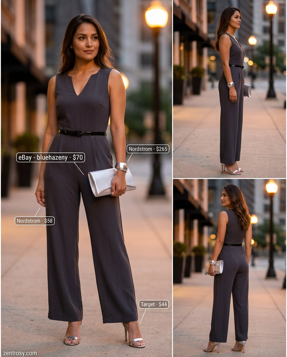 Sleek V-Neck Outfits Women 2026: Evening Chic Modern summer v-neck outfits women 2026: Charcoal grey wide-leg jumpsuit, metallic sandals, silver clutch for evening.