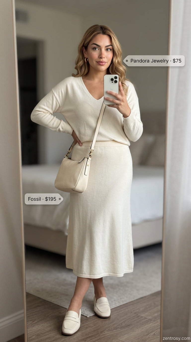 Chic V-Neck Outfits Women 2026: Travel Set Chic summer v-neck outfits women 2026: Taupe knit set, leather mules, crossbody bag for travel.