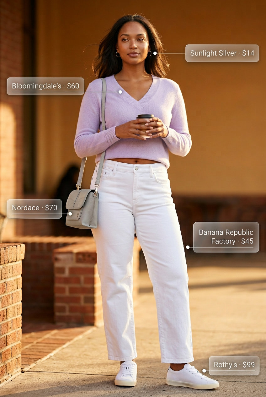 Sweet V-Neck Outfits Women 2026: Brunch Style Sweet summer v-neck outfits women 2026: Lavender knit sweater, white jeans, sneakers for weekend brunch.
