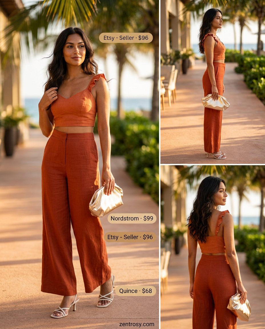 Elegant V-Neck Outfits Women 2026: Vacation Set Elegant summer v-neck outfits women 2026: Terracotta linen set, gold sandals, clutch for vacation.