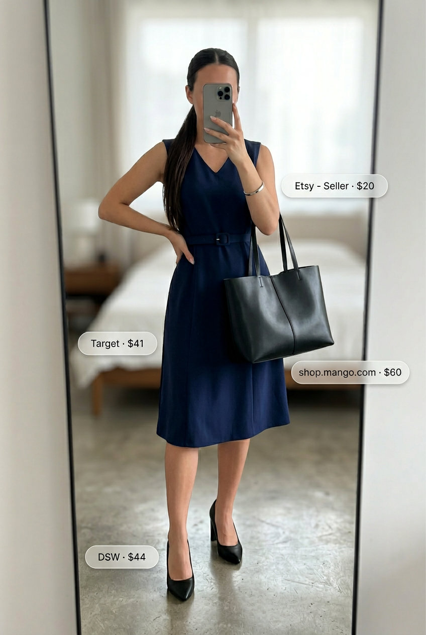 Chic V-Neck Outfits Women 2026: Office Casual Sophisticated summer v-neck outfits women 2026: Navy sleeveless midi dress, black pumps, structured tote for office casual.