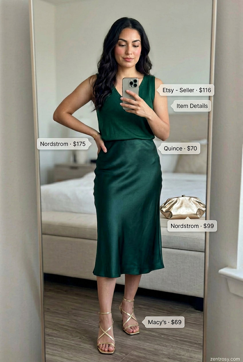 Luxe V-Neck Outfits Women 2026: Evening Elegance Luxe summer v-neck outfits women 2026: Emerald silk skirt, cream knit top, gold heels for evening.