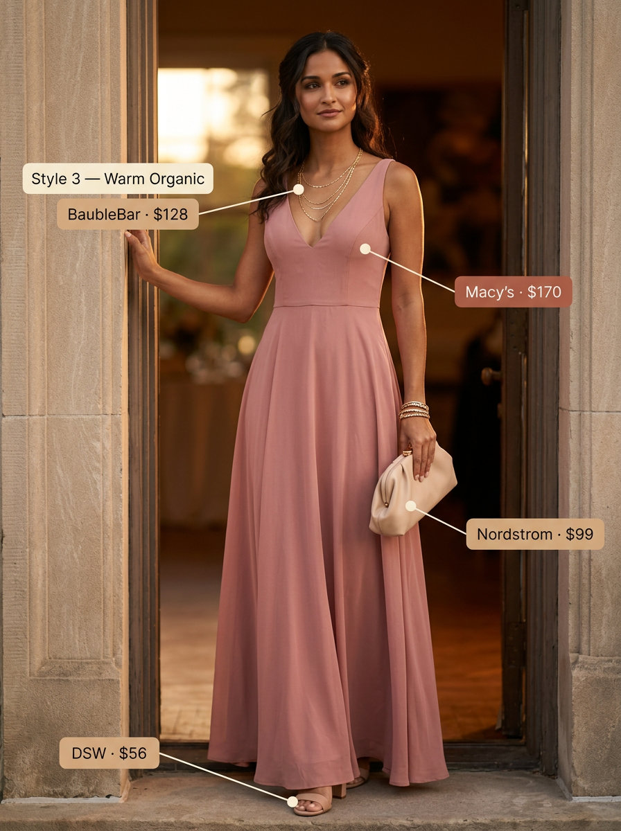 Date Night V-Neck Outfits Women 2026 Romantic summer v-neck outfits women 2026: Blush pink maxi dress, nude block heels, and gold jewelry.