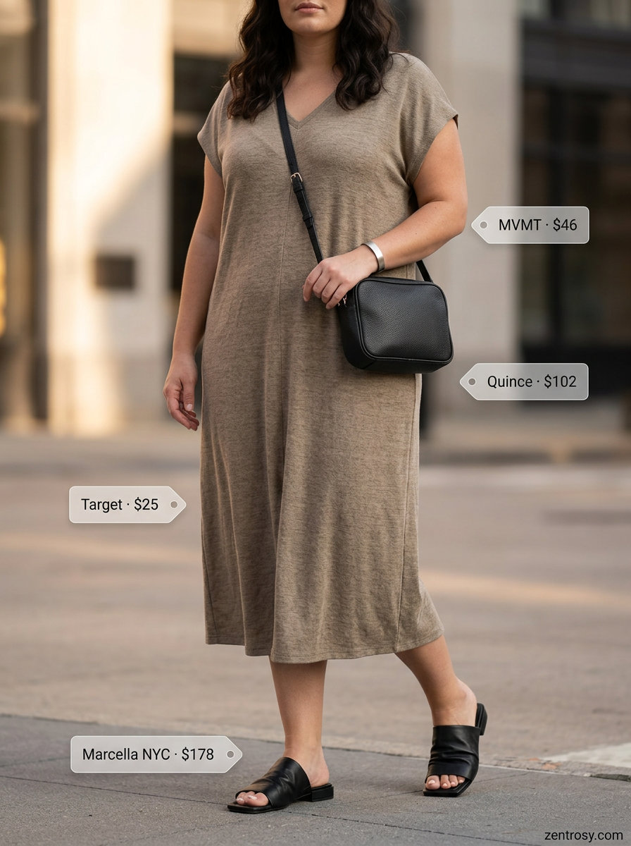 Minimalist V-Neck Outfits Women 2026: Chic Day Minimalist summer v-neck outfits women 2026: Taupe t-shirt dress, leather slides, crossbody bag for chic day.