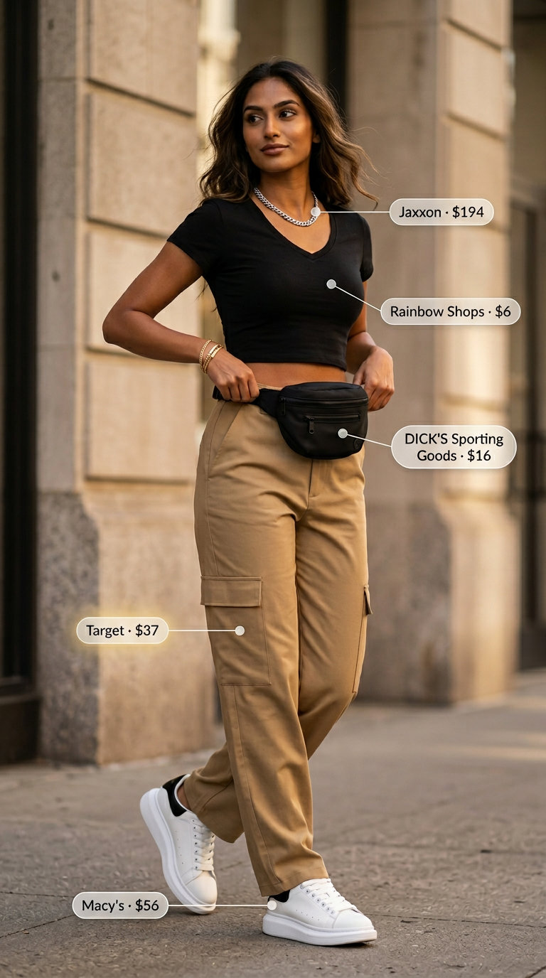 Edgy V-Neck Outfits Women 2026 Trendy summer v-neck outfits women 2026: Black cropped tee, khaki cargo pants, and chunky platform sneakers.
