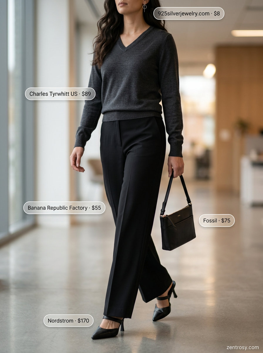 Smart Casual V-Neck Outfits Women 2026 Sophisticated summer v-neck outfit women 2026: Charcoal grey knit sweater, black wide-leg trousers, and pointed mules.