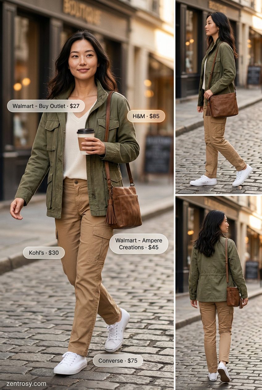 Travel V-Neck Outfits Women 2026 Practical summer v-neck outfits women 2026: Cream thermal top, olive utility jacket, and cargo pants.