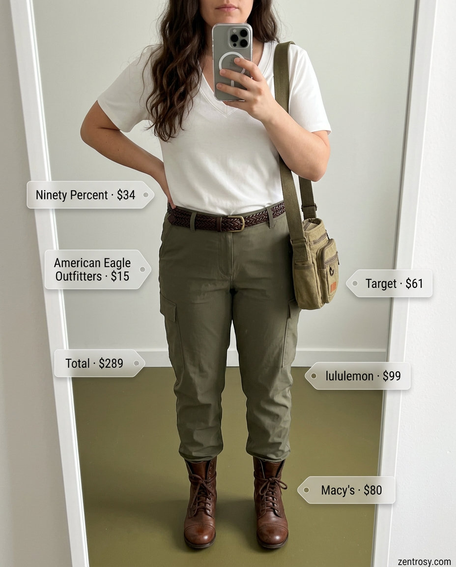 Cargo V-Neck Outfits Women 2026 Utilitarian summer v-neck outfits women 2026: Olive cargo pants, off-white tee, and combat boots.