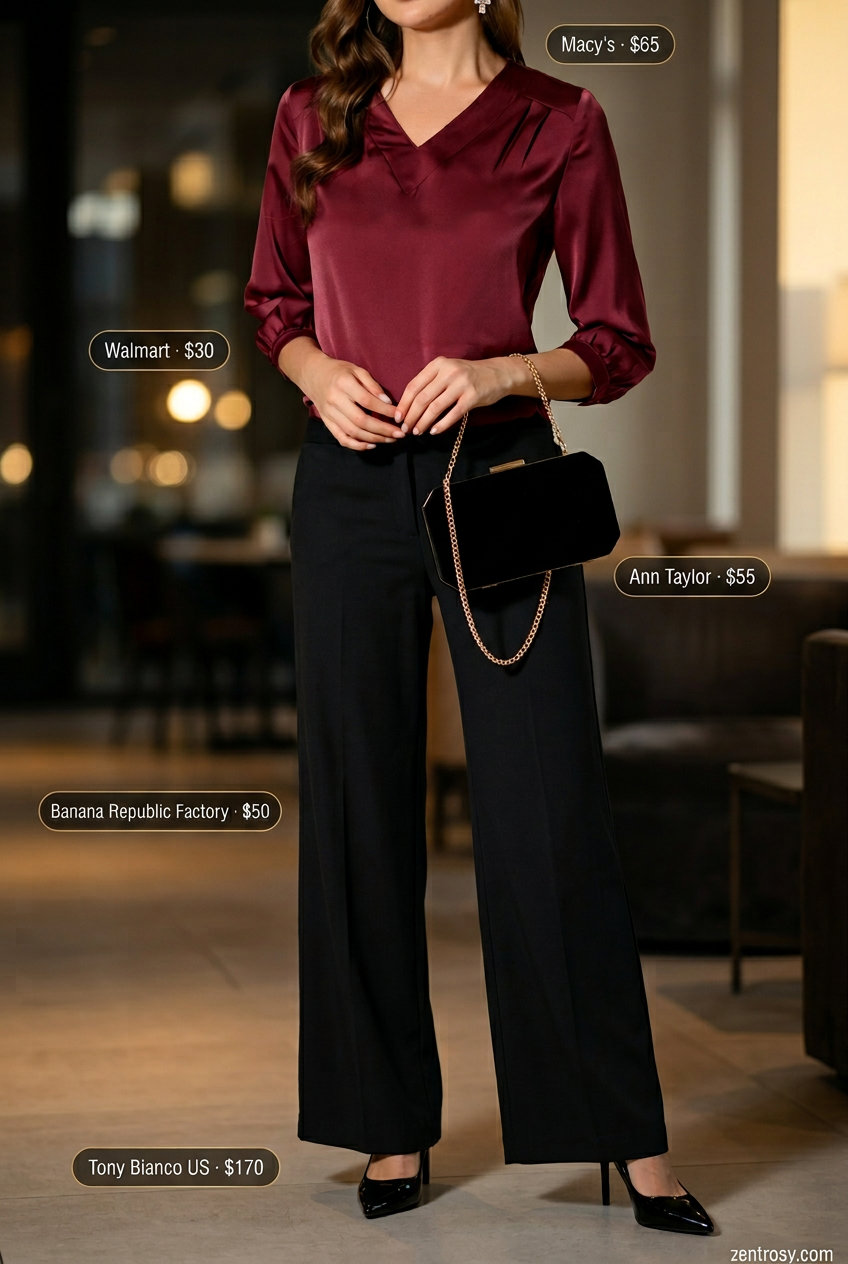 Elevated Evening V-Neck Outfits 2026 Burgundy V-neck satin blouse with wide-leg trousers for summer v-neck outfits women 2026. Evening wear.