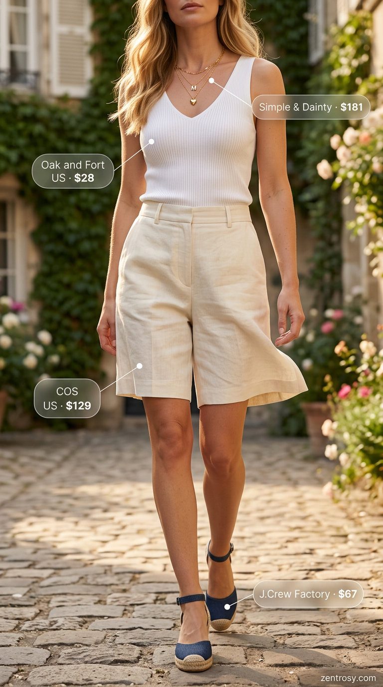 Weekend Brunch V-Neck Outfits 2026 Cream V-neck camisole with tailored shorts for summer v-neck outfits women 2026. Brunch outfit.