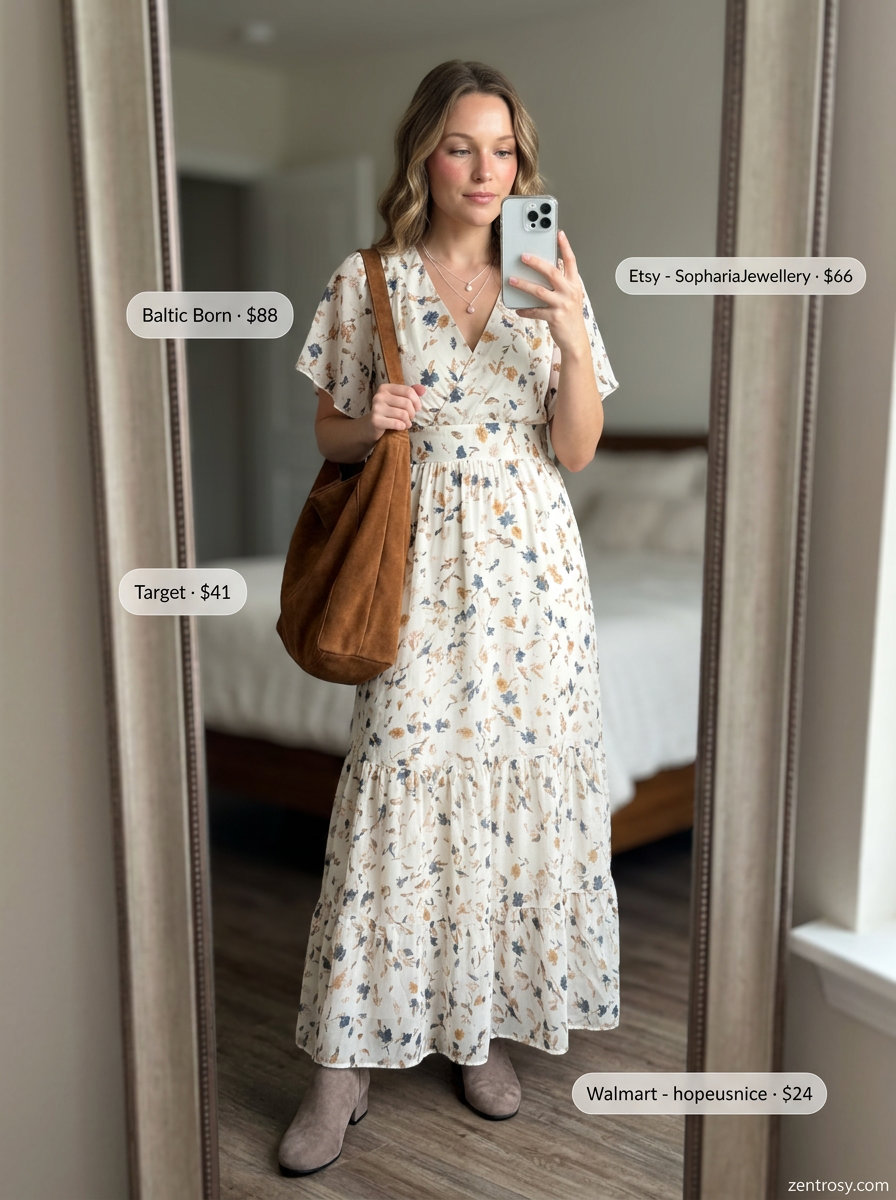 Boho V-Neck Maxi Dress Outfits 2026 Boho floral V-neck maxi dress for summer v-neck outfits women 2026. Festival style.