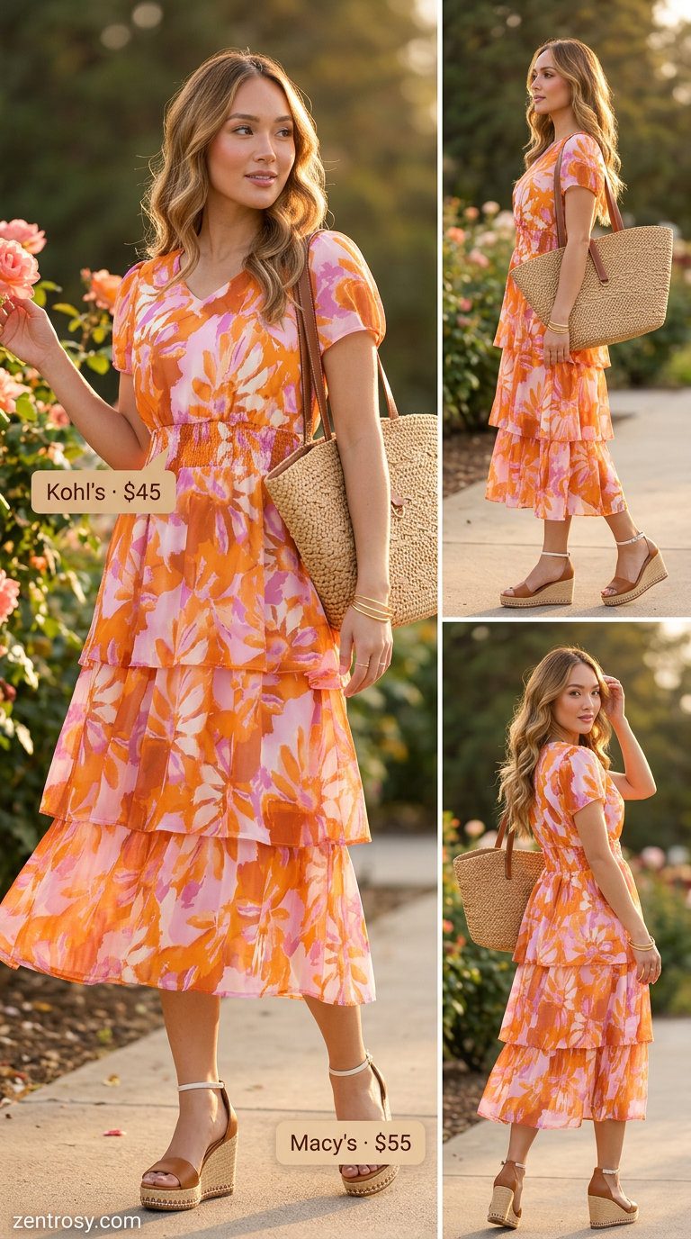Sundrenched Midi V-Neck Outfits 2026 Coral and teal floral V-neck midi dress for summer v-neck outfits women 2026. Wedding guest style.