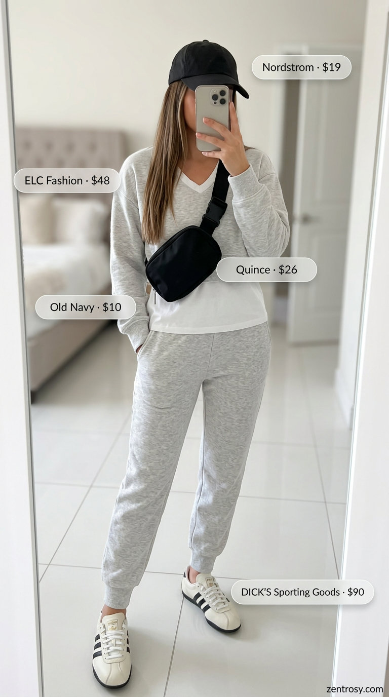 Sporty V-Neck Athleisure Outfits 2026 Light grey V-neck sweatshirt and joggers for summer v-neck outfits women 2026. Athleisure style.