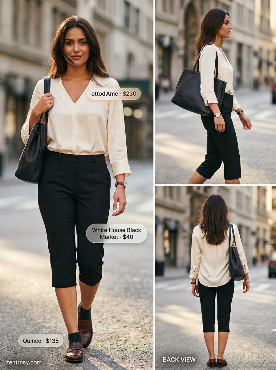 Chic City V-Neck Outfits 2026 Ivory V-neck blouse with black capri pants for summer v-neck outfits women 2026. Business casual.