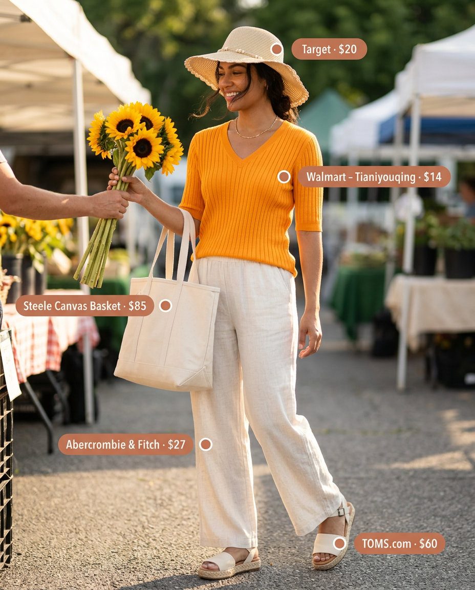 Weekend Getaway V-Neck Outfits 2026 Bright orange V-neck knit top with white linen pants for summer v-neck outfits women 2026.