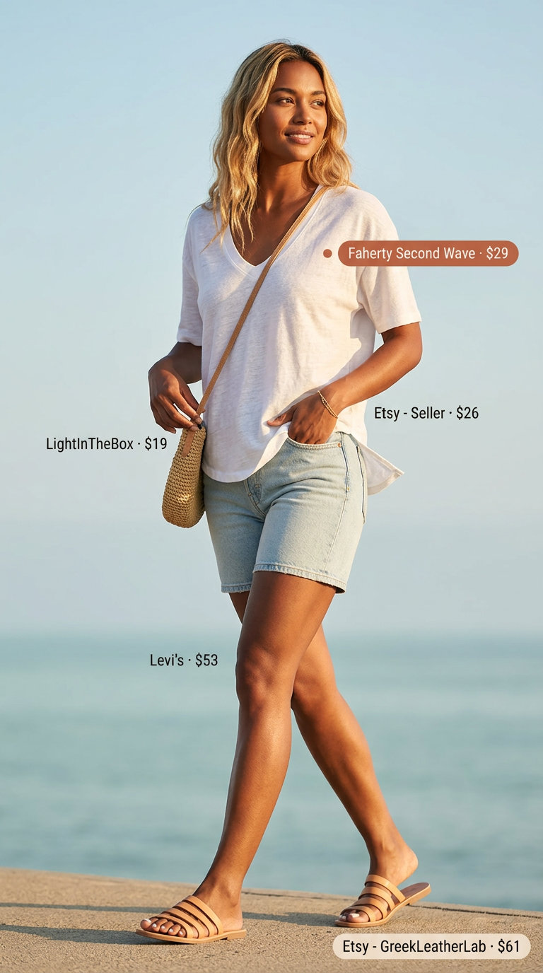 Coastal Breeze V-Neck Outfits 2026 White V-neck linen blend top with denim shorts for summer v-neck outfits women 2026. Casual day out.